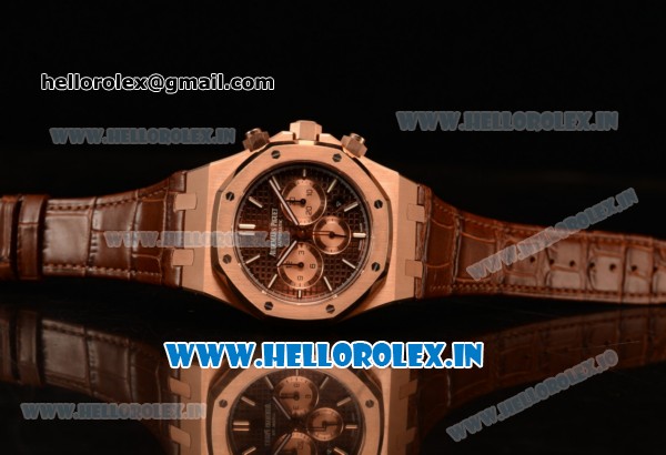 Audemars Piguet Royal Oak Chronograph Swiss Valjoux 7750 Rose Gold Case with Black Leather Strap Brown Dial and Gold Three Subdials 1:1 Original EF - Click Image to Close